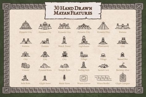 Fantasy Map Elements, Fantasy Map Symbols, Fantasy Map Making Symbols, Mythical Map Drawing, How To Draw Ruins On A Map, Midevil Map Drawing, How To Make Icons, Map Sketch, Fantasy Map Making