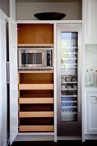 Microwave built-in to tall cabinet with roll-outs below. Tall Wine Fridge, Microwave In Pantry, Ada Kitchen, Laundry Reno, Microwave Cabinet, Built In Pantry, Tall Kitchen, Butlers Pantry, Kitchen Cabinets Decor