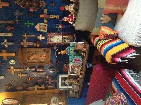 Holy Amazing Alter cross blue wall in living room. Mexican Decor Living Room, Mexican Living Rooms, Mexican Style Living Room, Mexican Living Room, Modern Mexican Home Decor, Mexican Style Decor, Mexican Aesthetic, Modern Mexican Home, Mexican Interior Design