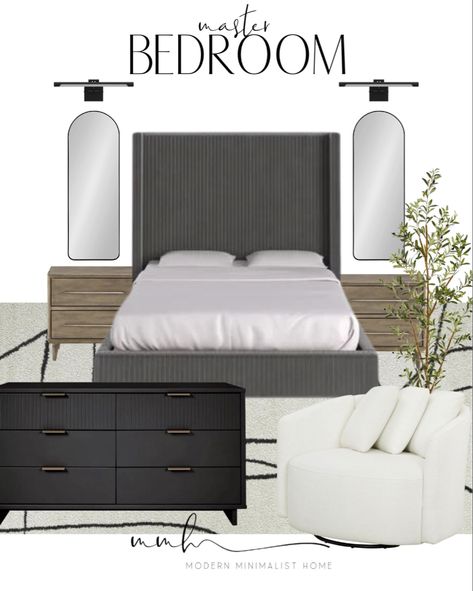 Main Bedroom Art, Modern Minimalist Bedroom Ideas, Organic Modern Bedroom Grey Bed, Modern Master Bedrooms 2024, Modern Guest Bedroom Ideas, Moody Bedroom Grey Headboard, Tall Headboard Bedroom Ideas, Rh Inspired Bedroom, Restoration Hardware Bedroom Inspiration