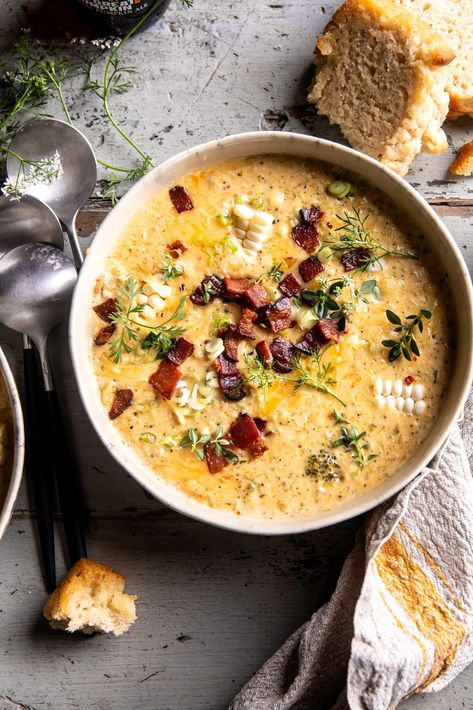 Creamy Broccoli Cheddar Chipotle Corn Chowder, Corn Chowder Healthy, Chipotle Corn Chowder, Chipotle Corn, Creamy Broccoli Cheddar Soup, Bacon Chowder, Bacon Crisps, Cold Weather Comfort Food, Crockpot White Chicken Chili