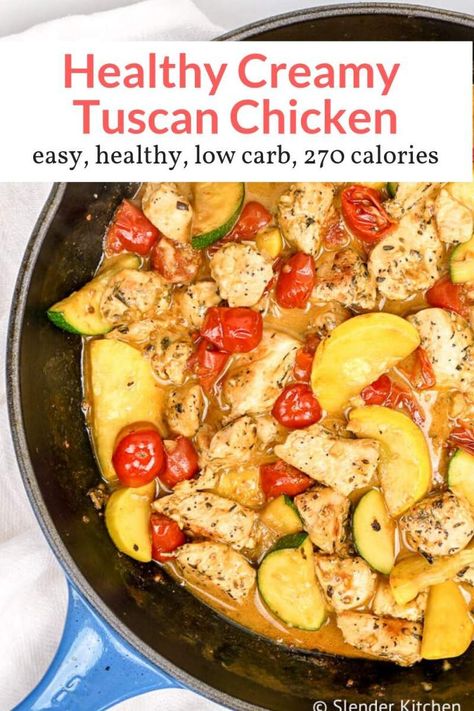 This Healthy Tuscan Chicken is a copycat of the Olive Garden favorite but lightened up! This dish is made with the most delicious creamy tomato Parmesan sauce, tender chicken breast, zucchini, and summer squash. Healthy Tuscan Chicken, Slender Kitchen, Diet Dinner Recipes, Under 300 Calories, Chicken Zucchini, Tuscan Chicken, Chicken Dish, 300 Calories, Low Carb Gluten Free