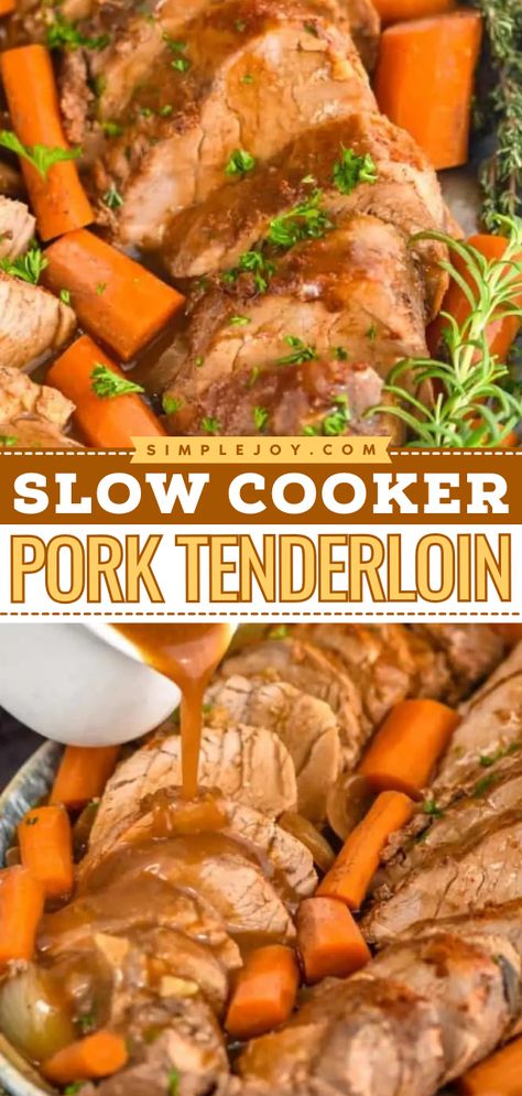 A crock pot recipe for your Thanksgiving dinner menu! Easy and delicious, this slow cooker pork tenderloin with gravy is nothing short of amazing. Everyone will love this Thanksgiving main dish! Pork Loin And Veggies Crock Pot, Low Carb Pork Tenderloin Recipes Crock Pot, Best Pork Tenderloin Recipe Crock Pots, How To Cook Pork Tenderloin In Crock Pot, Pork Tenderloin Slow Cooker Recipes, Pork Tenderloin Recipes In Crockpot Crock Pots, Pork Tenderloin Recipes In Crockpot Slow Cooker, Crockpot Meals For Diabetics, Pork Tenderloin Recipes Slow Cooker