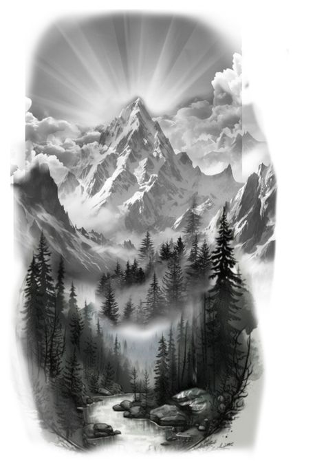 Pine Tree Moon Tattoo, Tattoo Background Design, Realistic Tree Tattoo, Realistic Mountain Tattoo, Mountain River Tattoo, Mountain Landscape Tattoo, Weather Tattoo, Evergreen Tattoo, Tiger Tattoo Thigh