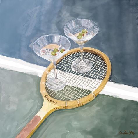 Caroline Ellis Art (@carolineellisart) • Instagram photos and videos Martini Watercolor Painting, Martini Illustration, Senior Year Art, Tennis Artwork, Martini Art, Tennis Poster, Martini Print, Nyc Apt, Retro Tennis