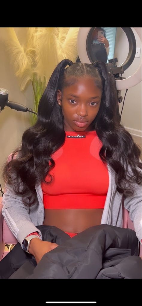 Quick Weave Hairstyles Ponytail Half Up Half Down, Sew Ins Ponytails, Half Up Two Ponytail Hairstyles, Sew In With 2 Ponytails, Half Up Half Down Hair With Ponytail, Two Ponytails And Hair Down, Half Up Half Down To Ponytails, Sew In Two Ponytail Hairstyles, Cute Black Ponytail Hairstyles