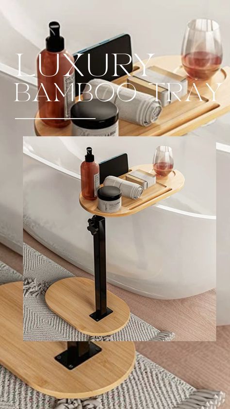 Measures (LxW) 15.75 x 8.66 in, compact size allows easy storage. Scientifically designed for cramped bathtubs or tubs against wall— it won't cover your tub too much, maximize your relaxing bathing space, and can hide away easily when not in use. This bath tub table is a perfect space solution so you can comfortably sit back and relax, enjoying your self-care nights Bathtub Side Table, Wabi Sabi Interior, Bath Table, Bathtub Tray, Freestanding Bath, Room Makeover Inspiration, Small Bathroom Decor, Luxury Bath, Free Standing Bath