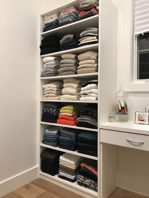 How to update your closet to gain a ton more space! This closet was re-organized by professional organizer Samantha Pregenzer of SO | Home. The closet update was featured in Better Homes & Gardens magazine because of the simple diy update. Check this out! #closetorganization #closet #mastercloset #storageideas #bhg #diy #professionalorganizer Clothes Organization On Shelves, Woredrobe Organization Ideas, Guest Bedroom Closet Organization, Closet Shelf Organization Clothes, Jean Organization Closet, Clothing Closet Organization Ideas, Bookshelf Closet Organization, Big Closet Organization, Clothing Closet Organization