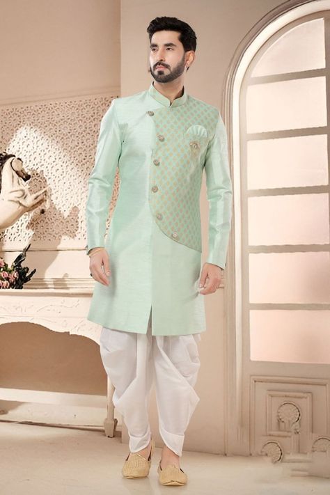 Mint Green Designer Semi Indo Western Outfit Sherwani With Dhoti, Pakistani Suits Party Wear, Dhoti Sherwani, Indo Western Outfit, Indowestern Sherwani, Lehenga Style Saree, Readymade Salwar Kameez, Pista Green, Cotton Salwar Kameez