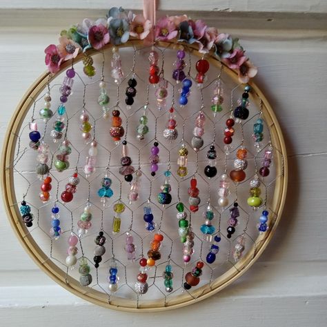 One-Of-A-Kind Art Sun Catcher. 11" Round, Glass Faceted Beads With Hand-Painted Design/Flowers. Silk Flowers, Gorgeous Design And Charm. Suncatchers Made Out Of Beads, Beaded Suncatchers, Bead Suncatcher, Beaded Sun Catcher, Beaded Suncatcher, Copper Wire Crafts, Hippie Crafts, Glass Bead Crafts, Chicken Wire Frame