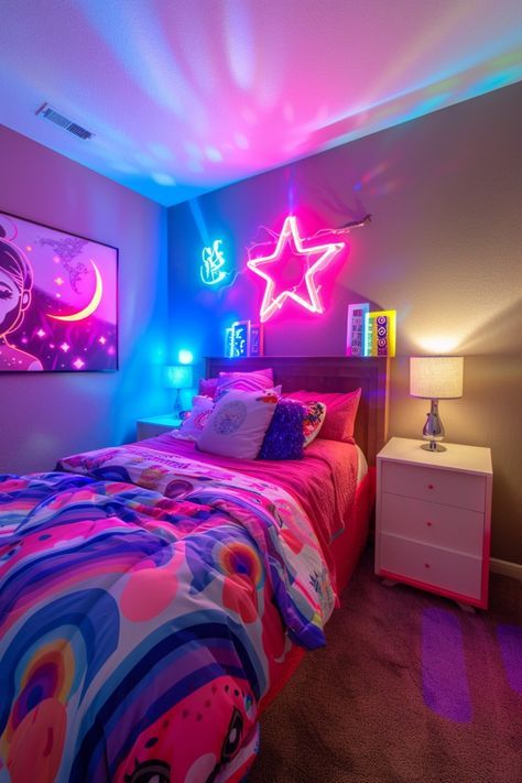 Neon Bedroom Aesthetic Ideas, Neon Bedroom Aesthetic, Neon Room Aesthetic, Bedroom 2025, Bedroom Curtain Ideas, Neon Bedroom, Neon Room, Teenage Room, Bedroom Curtain