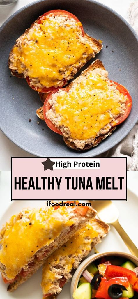 Healthy Tuna Melt recipe with canned tuna, a bit of cream cheese and no mayo, served on a slice of whole grain bread. Easy 10 minute lunch or dinner! Tomato Tuna Melt, Healthy Dinner Recipes Tuna, Tuna Ideas Canned, Tuna Snack Ideas Healthy, Canned Tuna Recipes No Mayo, Low Calorie Tuna Melt, Healthy Tuna Melt Recipe, Tuna Dinner Ideas Healthy, Bariatric Fish Recipes