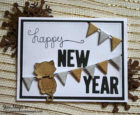 appy New Year | Sparkly Cat Card & Video by Jess Moyer | Hanging Around Stamp set by Newton's Nook Designs New Year Cards Handmade, Jess Crafts, New Year Card Making, New Year Wishes Cards, New Year Card Design, Diy Postcard, Card Design Handmade, New Year Cards, New Year Postcard