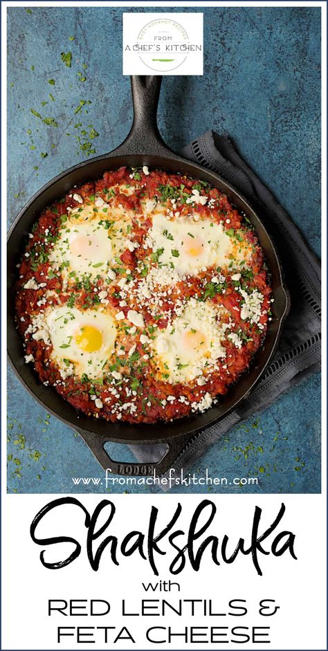 Shakshuka with Red Lentils and Feta Cheese is a heartier twist on traditional shakshuka. Red lentils are smaller than conventional brown or green lentils so they cook faster for a skillet meal that's perfect anytime! #shakshuka #eggs #redlentils #fetacheese #breakfast #brunch Lentil Shakshuka, Traditional Shakshuka, Shakshuka Eggs, Muffin Cookies, Cooking Food Recipes, Cake Brownie, Dessert Cakes, Brunch Recipe, Red Lentils