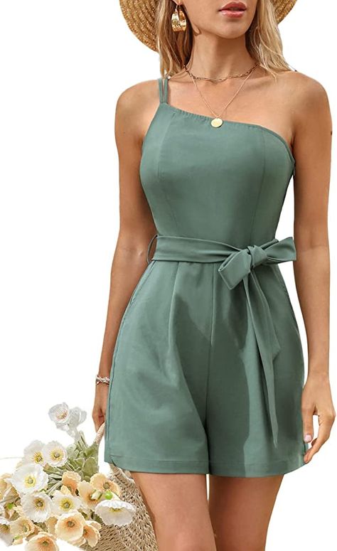 Amazon.com: Kate Kasin Women Summer Green Beach Romper Sexy One Shoulder Smocked Short Jumpsuit with Pockets L : Clothing, Shoes & Jewelry Romper 2023, Vacation Clothes For Women, Green Jumpsuit Outfit, Shorts Romper Outfit, Awesome Kate, Vacation Outfits Women, Beach Rompers, Jumpsuit With Pockets, Beach Vacation Outfits