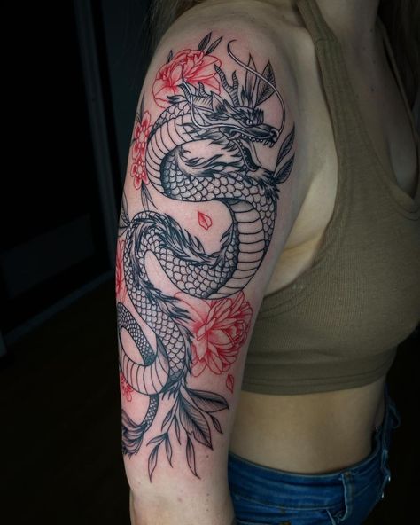 Dragon Tattoo With Flowers For Women Arm, Dragon Tattoo On Upper Arm, Dragon On Arm Tattoo Women, Upper Arm Dragon Tattoos For Women, Dragon Tattoo For Women Arm Half Sleeves, Woman’s Hand Tattoo, Feminine Dragon Tattoo For Women Arm, Dragon Upper Arm Tattoo, Dragon Arm Tattoo Women