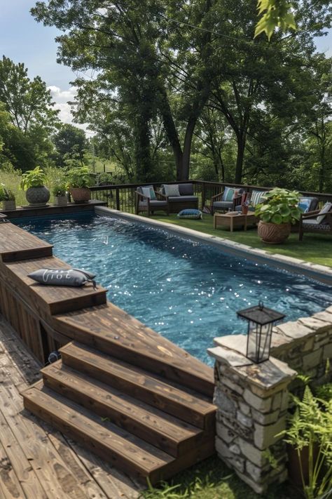 Looking to turn your backyard into a summer haven? Above-ground pools offer endless possibilities. Think about sleek decking, shaded lounges, or even a mini Apartment Ideas Aesthetic, Garden Landscaping Ideas, Backyard Fire Pit, Above Ground Pool Ideas, Ground Pool Ideas, Backyard Pool Landscaping, Fire Pit Designs, Small Pools, Dream Pools