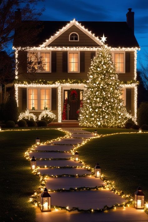 Outdoor Patio Christmas Lights, Christmas Stake Lights, Christmas Lights Roofline, Front Yard Christmas Light Display, Colorful Exterior Christmas Lights, Christmas Light Inspo Outdoor, Christmas Outside Lights Ideas, Christmas Light Indoor Ideas, Christmas Lights Outside Simple