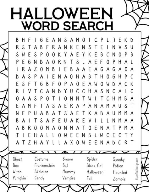 Fun Halloween activity for a Halloween party game. Printable Halloween game word search. Halloween Activity Pages For Kids, Halloween Activities For 4th Grade, Halloween Word Search Printables, Halloween Literacy Activities, Disney Word Search, Halloween Activity Sheets, Paper Trail Design, Halloween Party Activities, Classroom Halloween Party