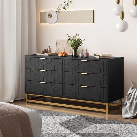 Black 6 Drawer Dresser for Bedroom, Chest of Drawers with Metal Base, Modern Dresser Chest Cabinet Organizer, Large Dresser for Living Room, Hallway, Closet Engraving Patterns, Chest Cabinet, Large Chest Of Drawers, Hallway Closet, Large Storage Cabinets, Large Dresser, Modern Chests, Modern Chest Of Drawers, Black Dressers