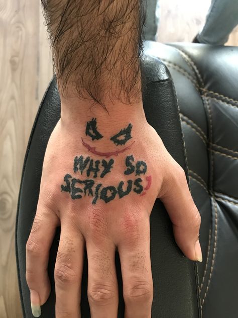 Why So Serious Tattoo Hand, Joker Finger Tattoo, Mouth Hand Tattoo, Joker Tattoo Quote, Joker Tattoo Meaning, Simple Joker Tattoo, Maffia Tattoo, Jokers Smile Tattoo On Hand, Joker Laughing Tattoo