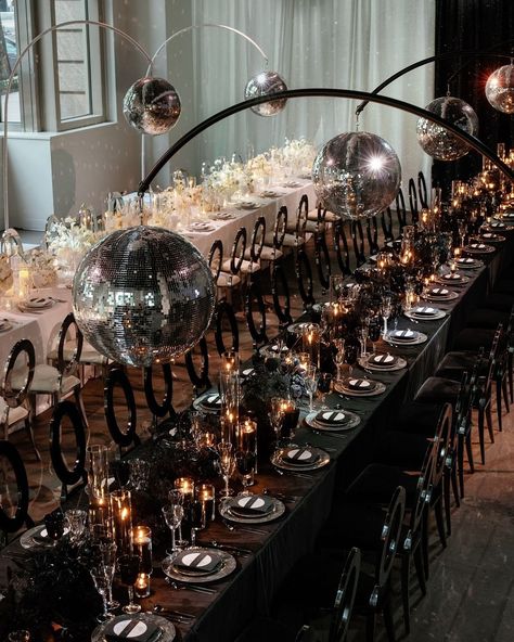 Laura Ritchie (@gritandgraceinc) • Instagram photos and videos Disco Centerpieces, Hanging Disco Balls, Bean Coffee Table, Mirror Backdrop, Sparkles Party, Chic Disco, Chartreuse Velvet, Bubble Wedding, Disco Mirror