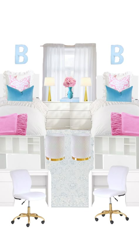 Sorority Bedroom, Doorm Room, Auburn Dorm, Sorority House Rooms, Pretty Dorm Room, Sorority Room, College Dorm Inspo, Pink Dorm Rooms, Blue Dorm