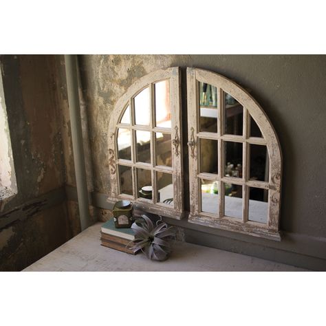 Kalalou Distressed White Arched Window Mirror, Set Of Two Ccg1434 | Bellacor Window Mirrors, Mirror Kitchen, Arch Windows, French Kitchens, Salvaged Windows, Arched Window Mirror, Window Pane Mirror, Arched Wall Mirror, Png Polyvore