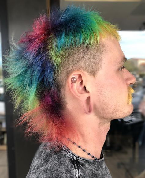 Rainbow mullet Rainbow Mullet Hair, Rainbow Mullet, Colorful Mullet, Mullet Dyed Hair, Dyed Mullet, Mullet Ideas, Rainbow Mohawk, Cosmetology Ideas, Beard Color