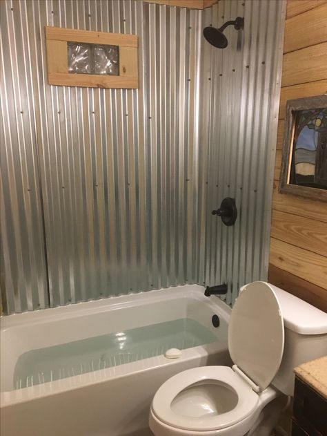 Old Bathroom Shower Makeover, Tin Wall Bathroom, Rustic Single Wide Mobile Home, Bathroom Remodel Trailer Mobile Homes, Rustic Trailer Remodel, Single Wide Bathroom Ideas, Trailer Home Remodel Double Wide, Trailer House Bathroom Remodel, Trailer Remodel Single Wide Diy Bathroom