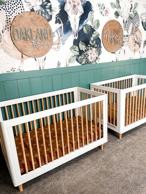 Twin nursery with accent wall and two cribs, modern and boho nursery Twin Nursery Name Signs, Boy And Girl Nursery Shared Room Ideas, Boy Girl Nursery Shared, Boy And Girl Shared Nursery, Twin Boy And Girl Nursery, Nursery With Accent Wall, Twin Girl Nursery Ideas, Twin Boy Girl Nursery, Twin Nursery Boy And Girl