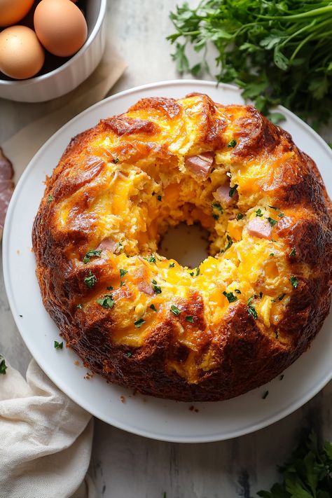 Breakfast Bundt Cake Savory Breakfast Bundt Cake, Bundt Cake Breakfast Recipes, Breakfast Bundt Casserole, Bundt Breakfast Casserole, Bundt Pan Breakfast Casserole, Breakfast Birthday Cake, Breakfast Bundt, Breakfast Crockpot, Bunt Cake Recipe