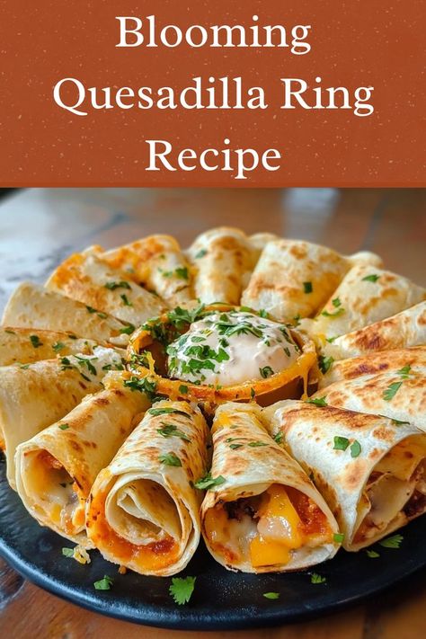 Ingredients: 2 cups cooked and shredded chicken 1 onion, chopped 1 red bell pepper, chopped... Blooming Quesadilla Ring, Blooming Quesadilla, Quesadilla Ring, Fun Easy Recipes, Red Bell Pepper, Bell Pepper, Sweets Recipes, Shredded Chicken, 2 Cups