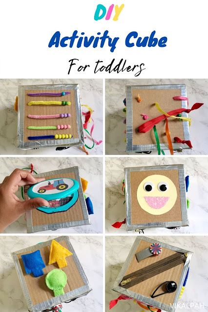 Vikalpah: DIY activity cube / Busy cube for toddlers using things at home Activity Cube Baby, Picture Cube, Diy Sensory Board, Cardboard Toys, Activity Cube, Baby Learning Activities, Simple Crafts, Gift Wrapping Ideas, Ideas Jewelry