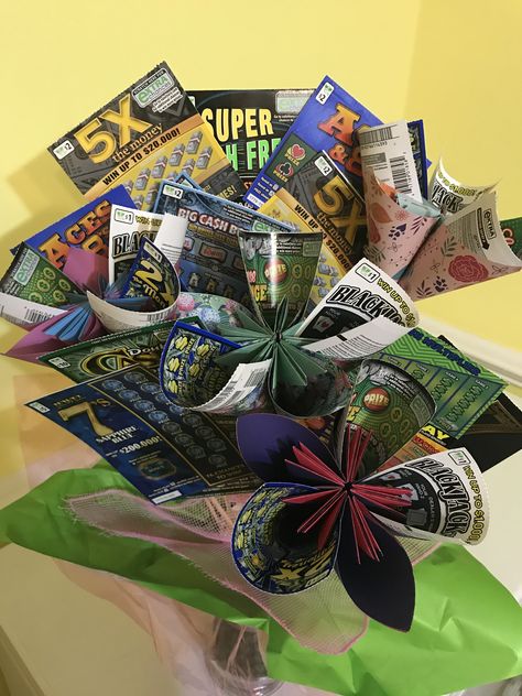 Lottery Ticket Flowers, Lotto Ticket Bouquet, Lottery Ticket Bouquet, Lottery Ticket Gift, Anniversary Bouquet, Wedding Shower Themes, Bouquet Tutorial, Lottery Ticket, Flower Bucket