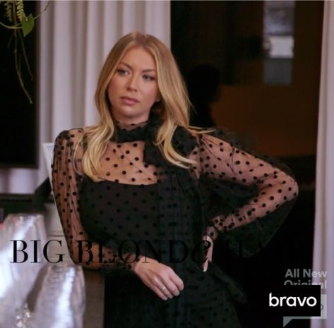 Stassi Schroeder's Black Sheer Polka Dot Top | Big Blonde Hair Stassi Ootd, Stassi Schroeder Hair, Stassi Schroeder Style, Blonde Inspiration, Sheer Polka Dot Top, Stassi Schroeder, Black Grey Ombre, Big Blonde Hair, Vanderpump Rules