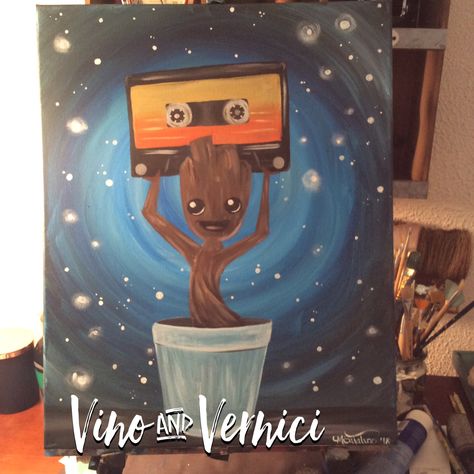 Baby Groot Painting, Paint Party, Vino & Vernici, www.vinoandvernici.com Groot Acrylic Painting, Movie Inspired Paintings, Groot Painting Canvas, Marvel Acrylic Painting, Groot Painting, Avengers Canvas Painting, Avengers Painting, Disney Canvas Paintings, Spiderman Painting