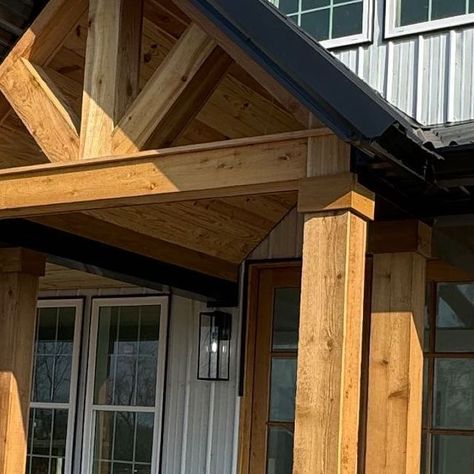 JULIA on Instagram: "Are you looking for the perfect medium-brown stain for cedar? After testing out so many different colors the stain we used on the outside cedar wrapped posts is Banyan Brown (semi-transparent ) by Sherwin Williams. The color turned out even better than I imagined! Save and Share for inspo🤎 #farmhouseinspired #custombuild #newconstruction #barndominium #ourbuild #homedesign #farmhousestyle #exterior #stain #sherwinwilliams #buildingjourney #viralreels #trendingreels #home #cedarbeams #modernfarmhouse" Wood Stain Exterior House, Banyan Brown Stain, Sherwin Williams Banyan Brown Stain, Banyan Brown Stain Sherwin Williams, Cedar Posts Front Porch Stain Color, Porch Stain Colors, Sherwin Williams Semi Transparent Stain, Cedar Wrapped Posts, Cedar Posts Front Porch