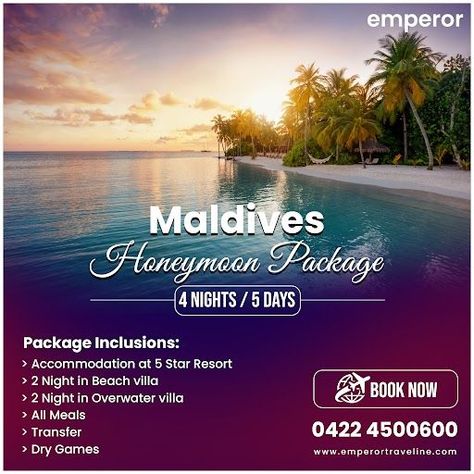 Emperor Traveline provides a Honeymoon special tour package to the Maldives for 4 Nights / 5 Days. Book now and have a pleasant vacation with your loved ones. Call to book now: 0422 4500600 Package Inclusions: - Accommodation at 5-star resort - 2 Nights in Beach villa - 2 Nights in Overwater villa - All Meals - Transfer - Dry Games Price: Rs. 73,000/- Maldives Honeymoon Package, Overwater Villa, Maldives Honeymoon, 5 Star Resorts, Game Prices, Honeymoon Packages, The Maldives, Beach Villa, Best Places To Travel