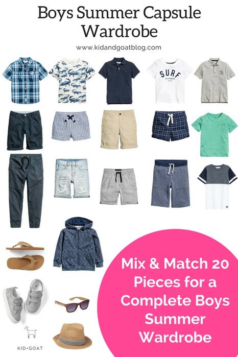 Boys Summer Capsule Wardrobe - 20 Piece Mix and Match Wardrobe for Boys - Create many outfits with just 20 items. (affiliate link) Boys Summer Capsule Wardrobe, Boys Capsule Wardrobe, Kids Closet Ideas, Kids Capsule Wardrobe, Mix And Match Wardrobe, Boys Wardrobe, Boys Summer Fashion, Toddler Designer Clothes