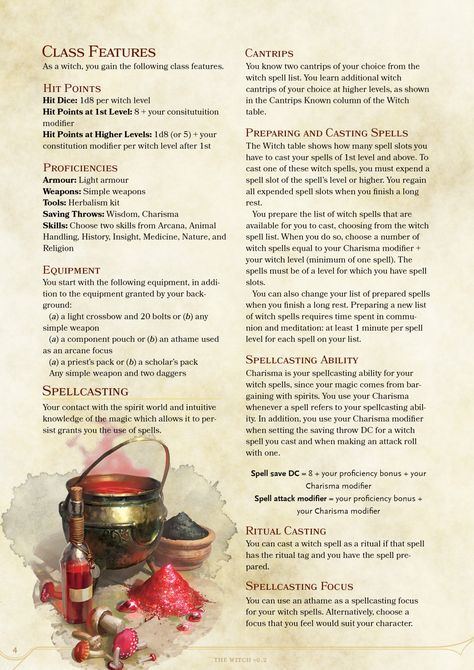 DnD 5e Homebrew — Witch Class by Zarieth Dm Tips, D D Classes, Dnd Races, Dnd Classes, Dungeons And Dragons 5e, Dungeons And Dragons Classes, Dnd 5e Homebrew, Dragon Rpg, Dungeons And Dragons Game