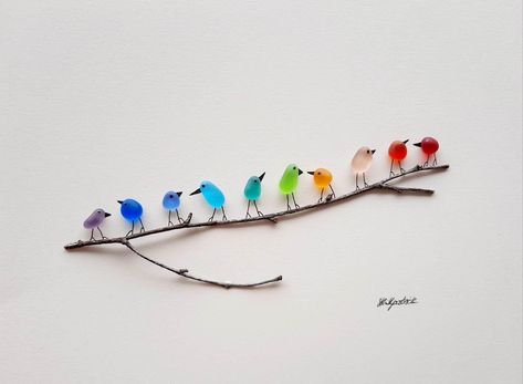 Sea Glass Birds, Sea Glass Artwork, Friendship Art, Birds On Branch, Wall Accents Decor, Beach Glass Art, Bird Wall Decor, Bird On Branch, Handmade Wall Art