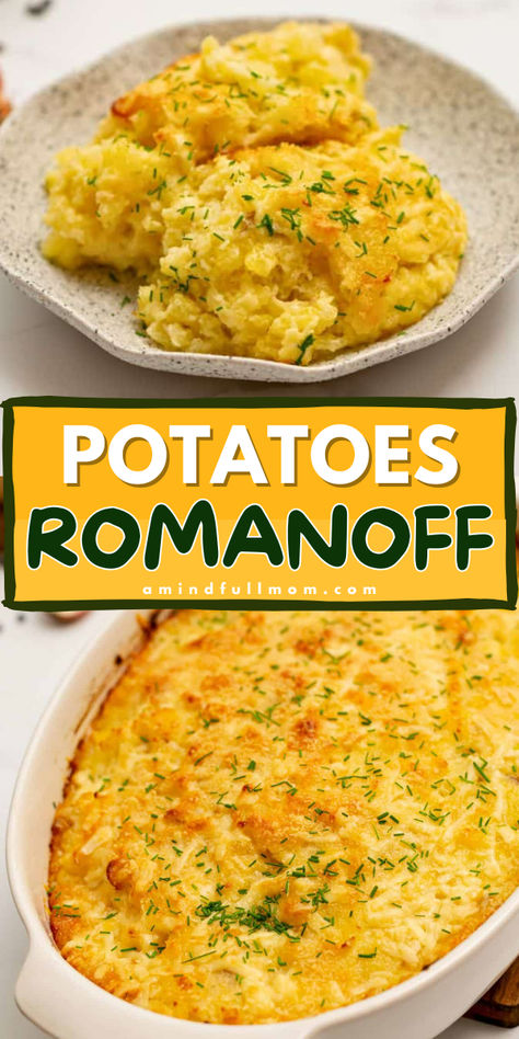 Potatoes Romanoff is a simple, make-ahead potato casserole that delivers a an impressive, indulgent side dish that’s perfect for a special dinner or holiday meal. Potatoes Dishes Recipes, Casseroles With Potatoes Dinners, Side Dish Potato Recipes, Potato’s Romanoff, Make Ahead Potato Side Dishes, Potato Hotdish Recipes, Red Potato Casserole Recipes, Best Potato Casserole Recipes, Easy Dinner Potatoes