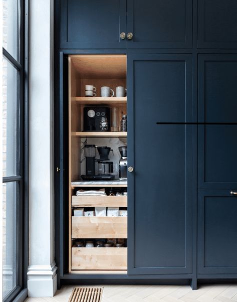 Love the usability of this pantry -- the inside drawers and shelves. Would be a great place for my mini/toaster oven. Clean Coffee Maker, Blue Appliances, Clean Coffee, Athena Calderone, Coffee Decor Kitchen, Kitchen Pantry Design, Kitchen Pantry Cabinets, Popular Kitchens, Pantry Design