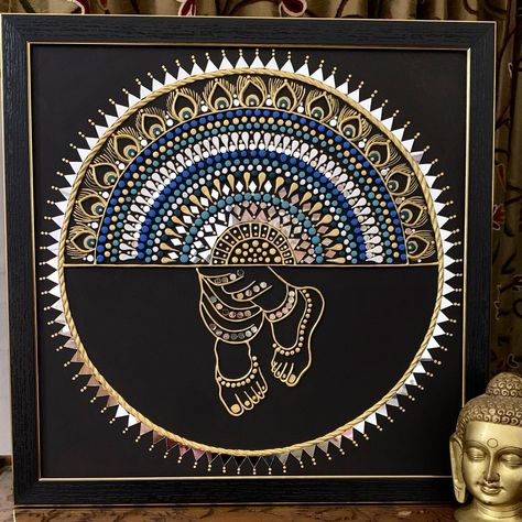 Amrita Singh on Instagram: "🌺Fusion of two art forms🌺 And those KRISHNA FEET. ✨And here it is, design of dot Mandala made with mud and mirror art. Do comment…" Krishna Feet Lippan Art, Mandala Art For Home Decor, Krishan Ji Lippan Art, Art Forms Ideas, Krishna Dot Mandala Art, Mirror Mandala Wall Art, Krishna Mirror Art, Mirror Mandala Art On Canvas, New Mandala Art Design