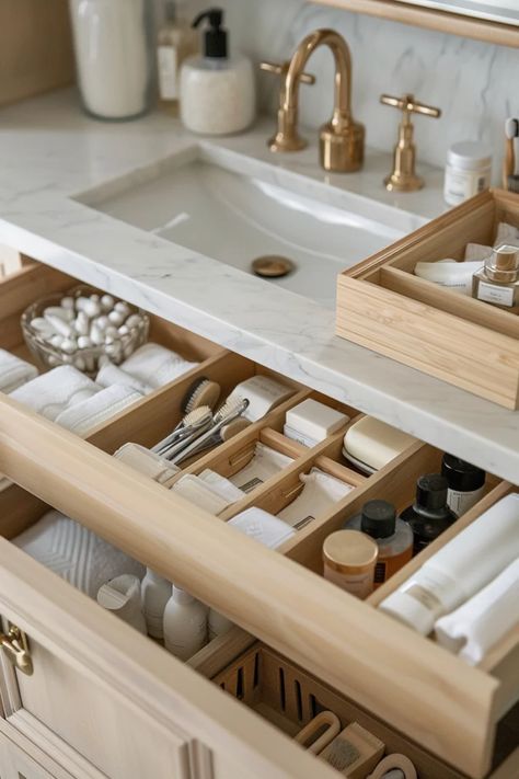 How To Organize A Deep Bathroom Drawer: Efficient Storage Tricks Toiletry Drawer Organization, Drawer Skincare Organization, Bathroom Drawer Organizers, Bathroom Drawers Organization, Bathroom Vanity Drawer Organization, Organizing Ideas For Bathrooms, Organize Bathroom Cabinet, Bathroom Cabinet Storage Ideas, Organizing Bathroom Countertop