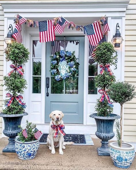 Balsam Hill (@balsamhill) • Instagram photos and videos Veterans Day Decorations, Red White And Blue Decor, White And Blue Decor, Blue Hydrangea Wreath, Patriotic Porch, Memorial Day Decorations, Fourth Of July Decor, Happy Fourth Of July, Diy Simple