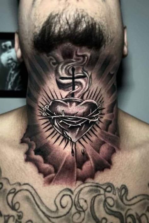 Geometric Tattoo Neck, Wing Neck Tattoo, Edge Tattoo, Arm Tattoos For Guys Forearm, Sacred Tattoo, Best Neck Tattoos, Sacred Heart Tattoos, Christian Sleeve Tattoo, Throat Tattoo