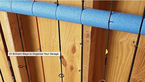 Fishing rod organization: pool noodle! Genius! Fishing Rod Holders For Garage, Storing Fishing Poles In Garage, Diy Fishing Rod Holder For Garage, Fishing Rod Travel Storage Diy, Fishing Tackle Organization, Fishing Rod Holder Pvc, Fishing Pole Storage, Trolling Fishing, Drop Shot Rig