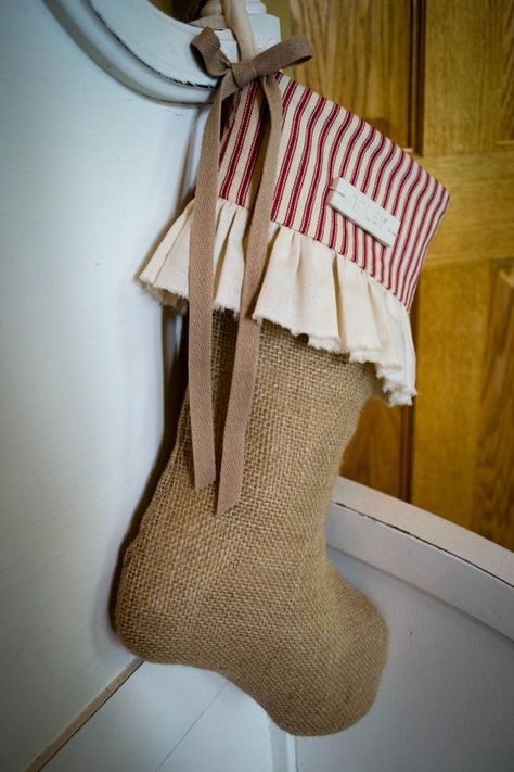 Ruffled Burlap Christmas Stocking by JoaniesFavoriteThing on Etsy Sew Christmas, Burlap Christmas Stockings, Burlap Stockings, Diy Stockings, Christmas Stockings Diy, Christmas Stocking Pattern, Shabby Chic Christmas, Burlap Christmas, Xmas Stockings